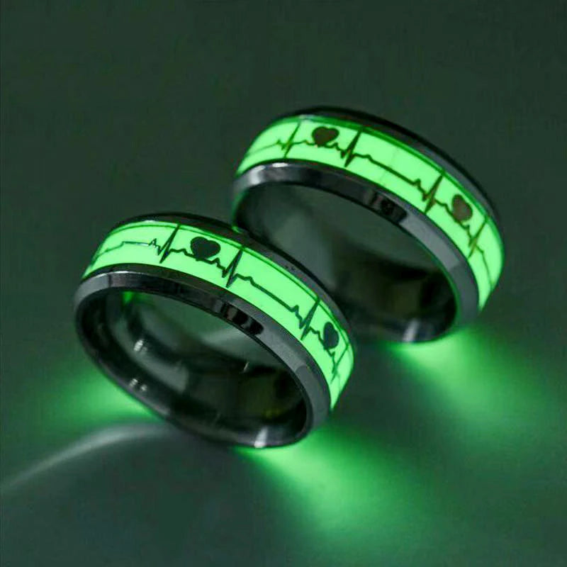 Fashion Love Heart Glow Rings ECG Luminous Titanium Steel Teenager Heartbeat Fluorescence Couple Rings for Boys Girls Gifts - Needify