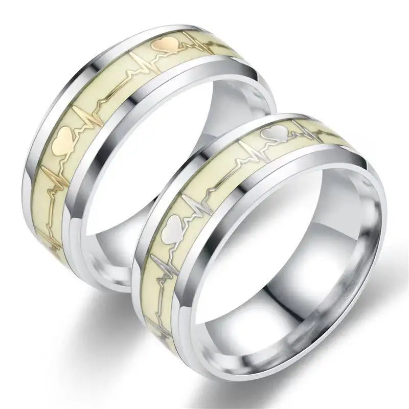 Fashion Love Heart Glow Rings ECG Luminous Titanium Steel Teenager Heartbeat Fluorescence Couple Rings for Boys Girls Gifts - Needify