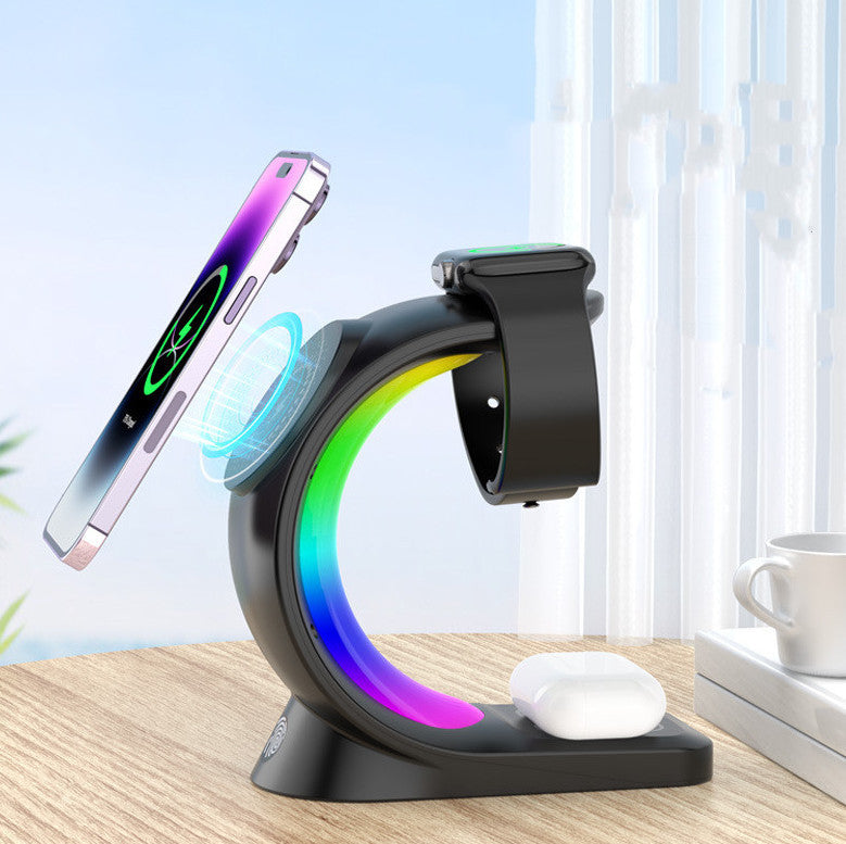 4 In 1 Magnetic Wireless Charger Fast Charging For Smart Phone Atmosphere Light Charging Station For Airpods Pro I-phone Watch - Needify