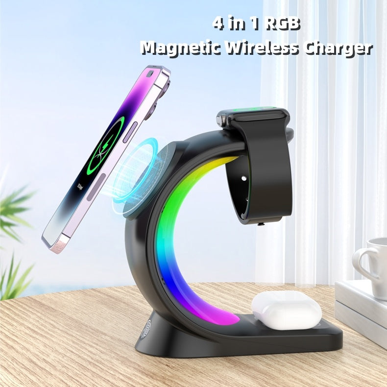 4 In 1 Magnetic Wireless Charger Fast Charging For Smart Phone Atmosphere Light Charging Station For Airpods Pro I-phone Watch - Needify