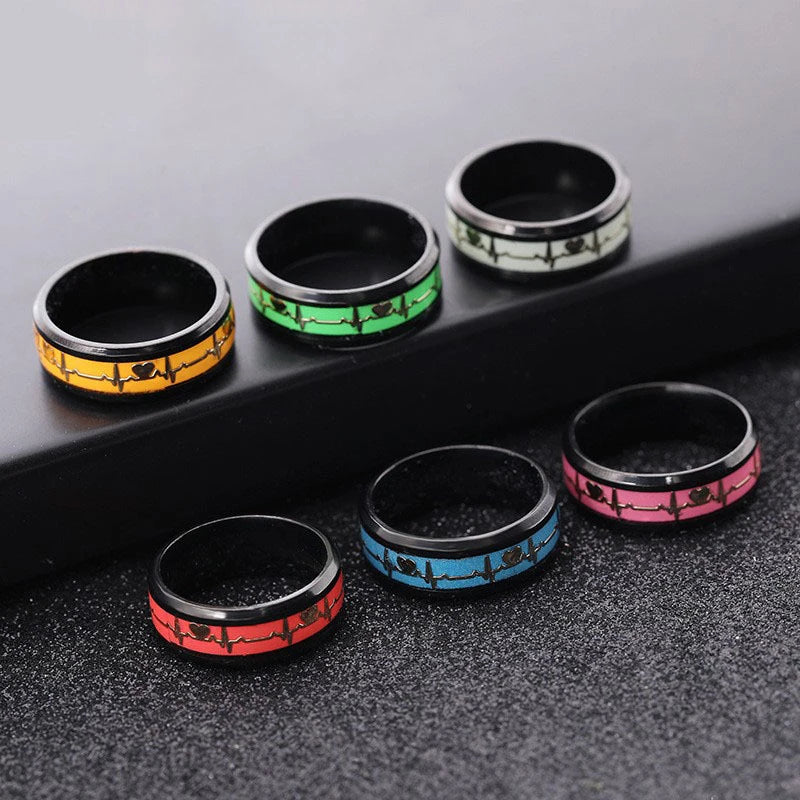 Fashion Love Heart Glow Rings ECG Luminous Titanium Steel Teenager Heartbeat Fluorescence Couple Rings for Boys Girls Gifts - Needify