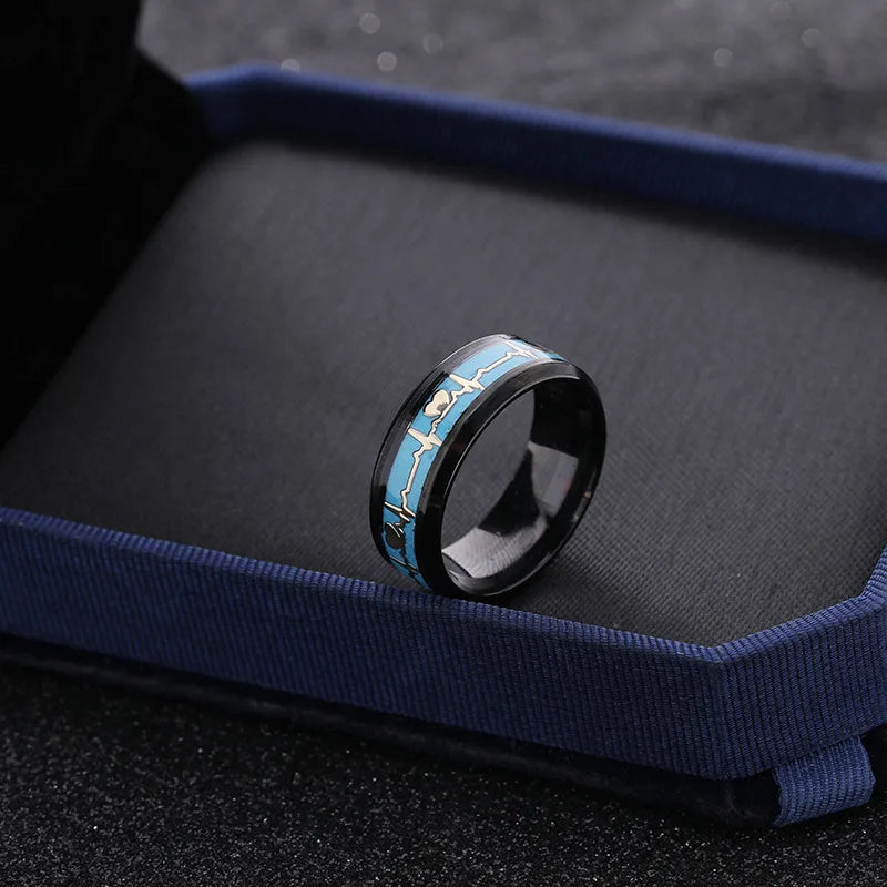 Fashion Love Heart Glow Rings ECG Luminous Titanium Steel Teenager Heartbeat Fluorescence Couple Rings for Boys Girls Gifts - Needify