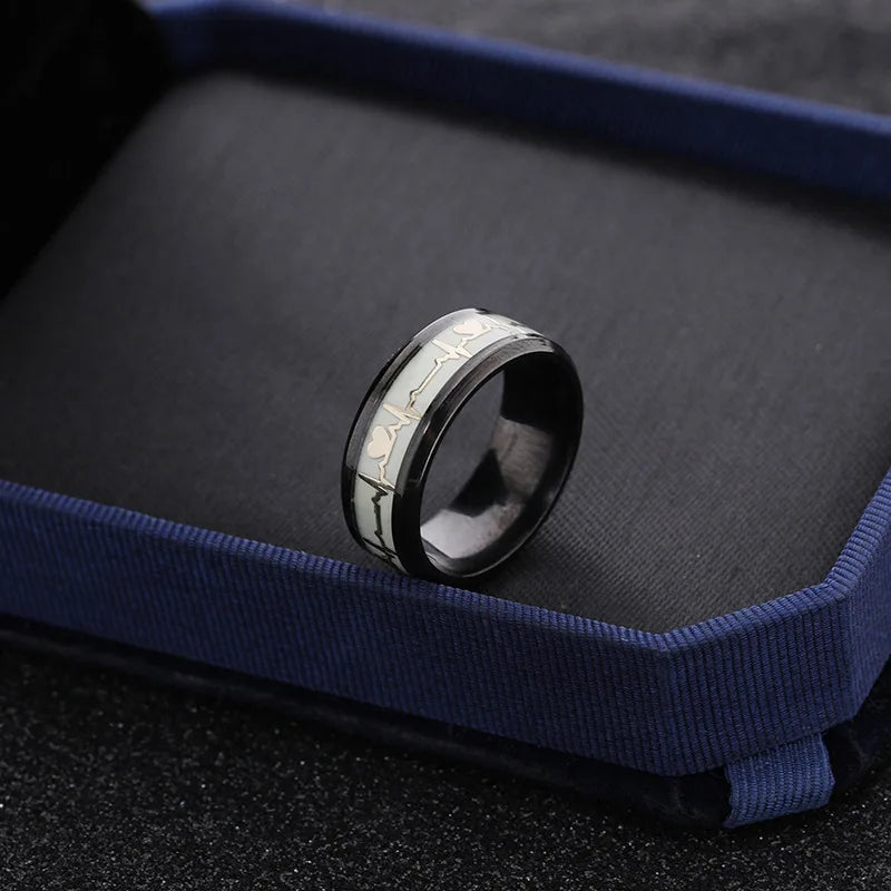 Fashion Love Heart Glow Rings ECG Luminous Titanium Steel Teenager Heartbeat Fluorescence Couple Rings for Boys Girls Gifts - Needify