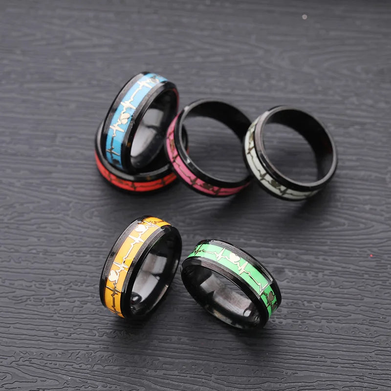 Fashion Love Heart Glow Rings ECG Luminous Titanium Steel Teenager Heartbeat Fluorescence Couple Rings for Boys Girls Gifts - Needify