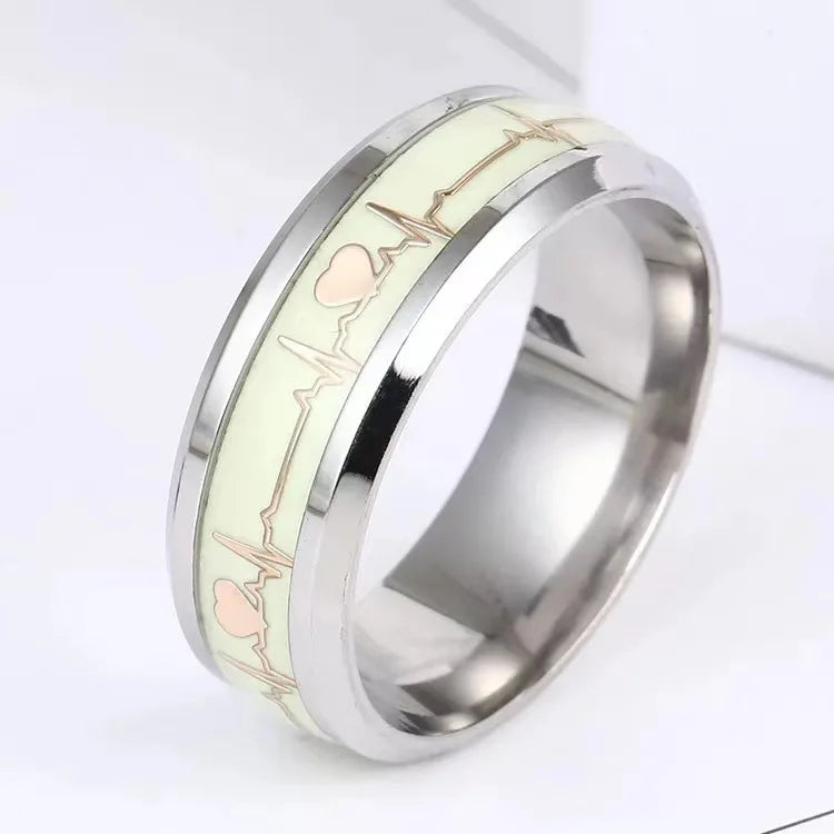 Fashion Love Heart Glow Rings ECG Luminous Titanium Steel Teenager Heartbeat Fluorescence Couple Rings for Boys Girls Gifts - Needify