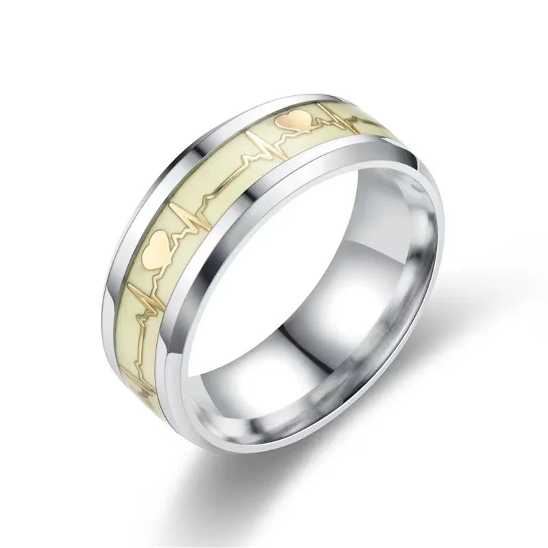 Fashion Love Heart Glow Rings ECG Luminous Titanium Steel Teenager Heartbeat Fluorescence Couple Rings for Boys Girls Gifts - Needify