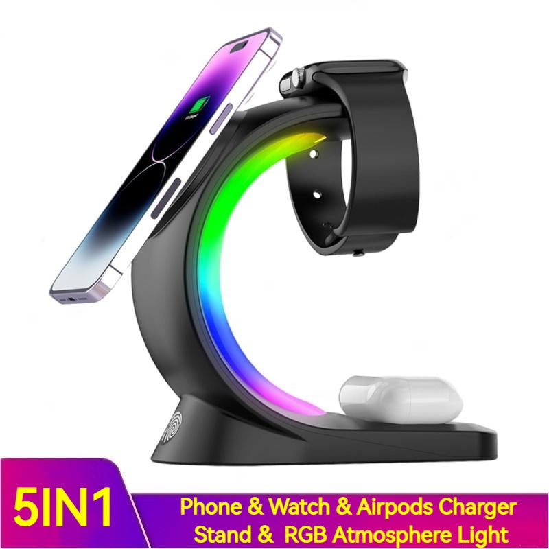 4 In 1 Magnetic Wireless Charger Fast Charging For Smart Phone Atmosphere Light Charging Station For Airpods Pro I-phone Watch - Needify